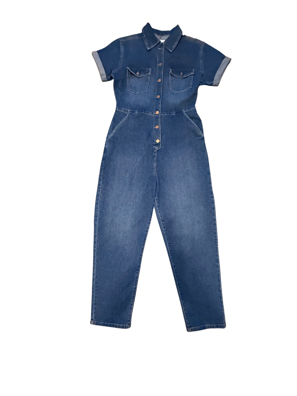 Celebrity Pink Blue Denim Short-Sleeve Jumpsuit Boiler Suit Utility Medium